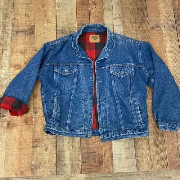 Vintage 90s Gap Denim Jacket Buffalo Plaid Lining - Picture 1 of 13